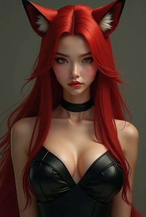  an Asian woman with a striking look, thin eyes like that of a fox ,  intimidating expression,  with long red hair and full breasts .