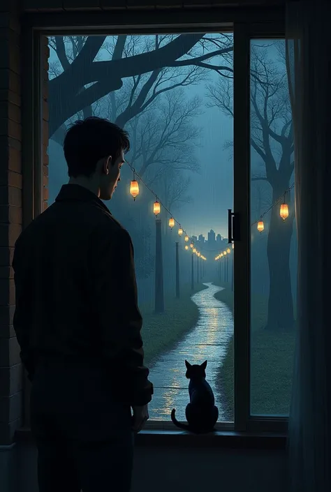  Man watching from the window of his house a path at night with trees lanterns with dim lights hyperrealistic, In the background a city and rain falling and a sad cat