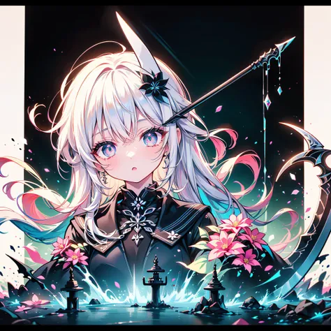 1girl, pretty face、Baby Face、grim Reaper、((( Dynamic Best Composition 、 top quality 、 Masterpiece、 super detailed 、 high definition、CG,HHD,32K))),NEW STYLE 、 Geometric Neon Color Backgrounds、 Milky White Hair Color 、Black hair ornament、((grim Reaperの黒いローブ、...