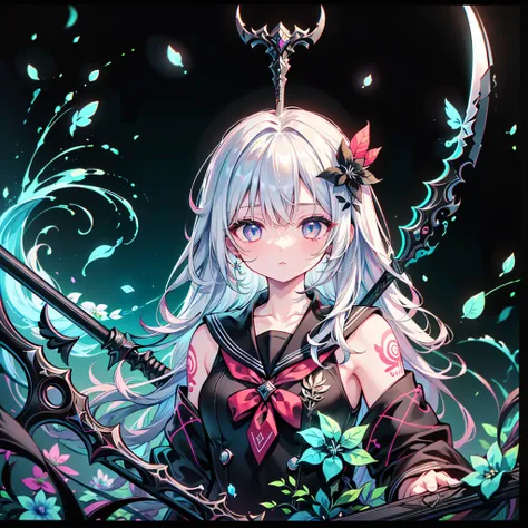 1girl, pretty face、Baby Face、grim Reaper、((( Dynamic Best Composition 、 top quality 、 Masterpiece、 super detailed 、 high definition、CG,HHD,32K))),NEW STYLE 、 Geometric Neon Color Backgrounds、 Milky White Hair Color 、Black hair ornament、((grim Reaperの黒いローブ、...