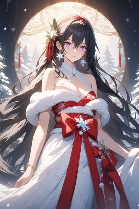 A stunning anime-style illustration of a beautiful woman in a kimono, with a Santa cosplay theme, in the style of the anime "Violet Evergarden". The kimono features a gorgeous red and white color palette similar to Santas outfit, and the fabric is embroide...