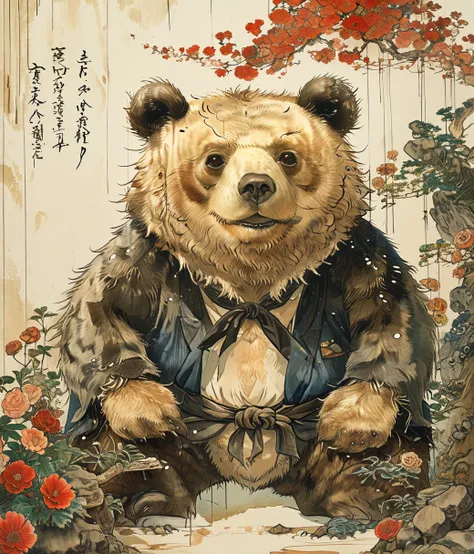 style of Kawanabe Kyosai, (cute, chubby, male, bear), adorable, magical, fantasy, hires textures, highly detailed, intricate details, best quality, masterpiece, zPDXL3