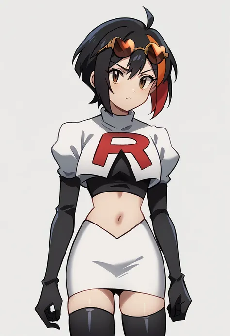 (score_9,score_8_up,score_7_up,),uncensored,DL_GQ,solo,1girl,black hair,eyewear on head,multicolored hair,short hair,red hair,brown eyes,ahoge,streaked hair,team rocket,team rocket uniform,white skirt,red letter R,crop top,black thigh-highs,black elbow glo...