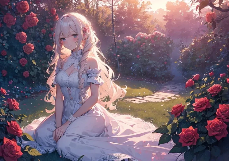 In a mystical rose garden, a girl with platinum blonde hair, gently curled at the ends, wears a soft lace dress that flows with the breeze. Red roses are scattered around her, and her expression is thoughtful and calm, as if shes lost in the beauty of the ...