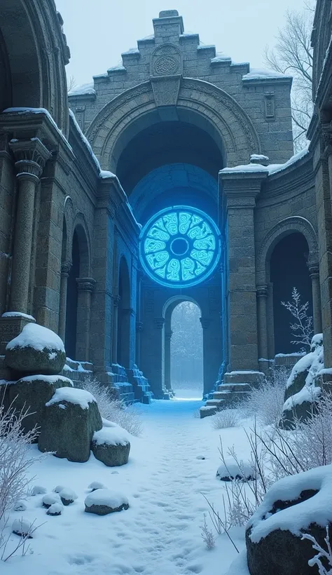 Ancient ruins covered in snow and ice, with glowing blue runes etched into the stone. The ruins emit a faint aura of forgotten magic.