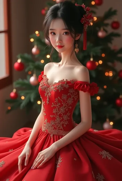 Chinese chick wears Christmas Day dress 