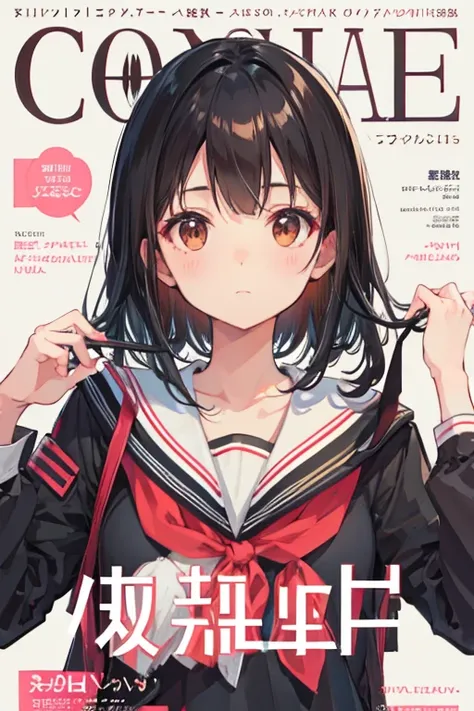 Black hair, brown eyes, seifuku, magazine cover