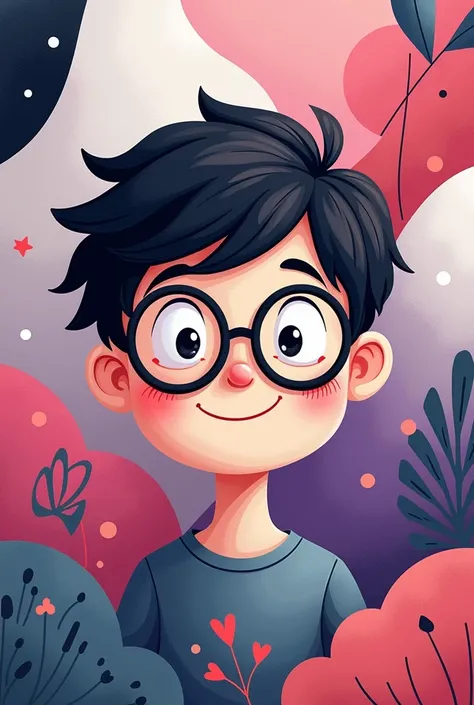 Asexual and romantic banner on the background and boy with round cartoon glasses in the middle