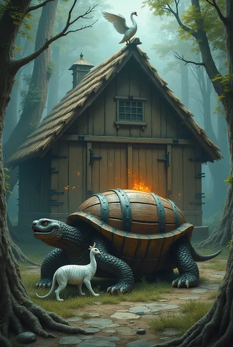 Sam Chongs barrel lies in a coffin on the back of the turtle, and a white tiger is in front of the barn. The phoenix is on both sides of the barn, and there is a swan on the top of the barn, and a dragon is on the head of the dungeon.