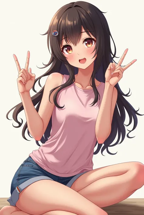 A bust anime character with the loser hand sign crossing her legs 