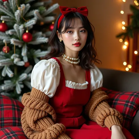 A high-fashion editorial featuring a 20-year-old woman of Asian and Slavic descent, styled in a whimsical yet chic holiday look. She wears a vibrant red pinafore dress with a square neckline, layered over a white puff-sleeve blouse for a youthful, playful ...