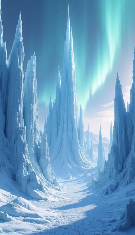 Tall ice spires rise from the snowy ground, glowing softly under the aurora-filled sky.