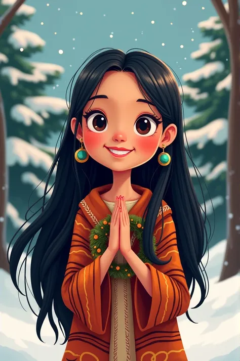  Cartoon of an indigenous girl with long black hair,  smiling, Wishing you Merry Christmas 