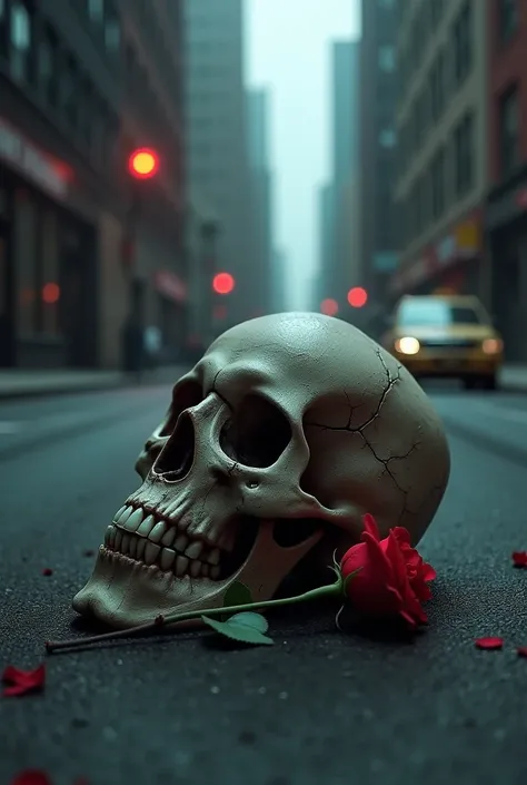 Skull on the nigh road in new york and rose in skull mouth