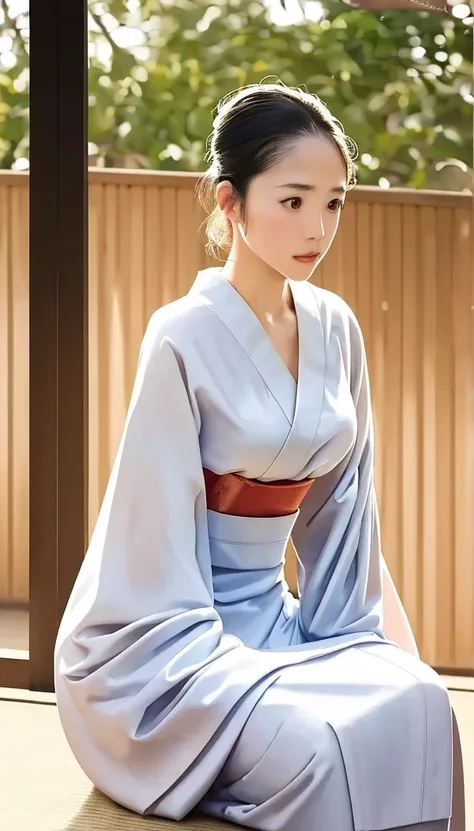  A beautiful Japanese woman wearing a traditional yukata, Quiet and calm expression,  Graceful Posture,  graceful and sophisticated , Delicate and fairy-like beauty ,  natural light,  pastel colors that eliminate shine,  muted tones ,  soft focus,  Detaile...