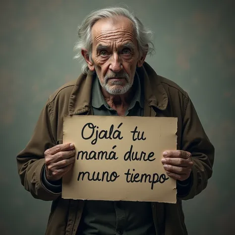  generates an image of a sad old man with a sign that says "Hopefully your mom lasts a long time " , Use text in Spanish