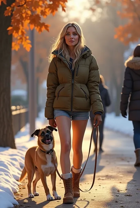 Elisha Cuthbert, girl next door, walking his dog, crispy autumn weather, padded jacket, shorts, Uggs, bare legs, dog trying to warm her leg up, she feels the chill, she is chilled to the bone, shivering, goosebumps, talking to the neighbour