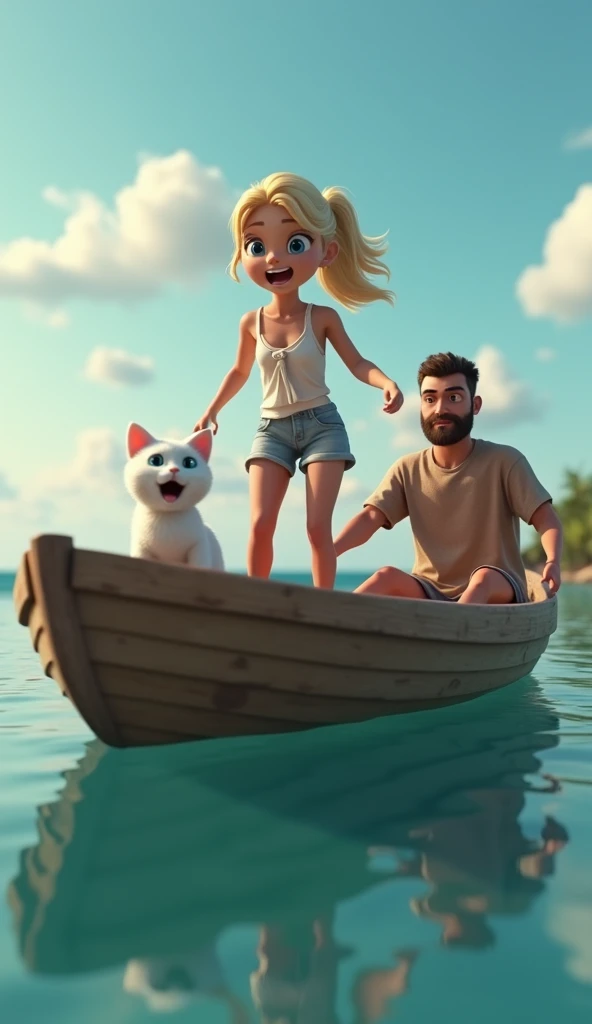 In cinematic 3D style, HD image ,realistic image ,colourful image.
Character, a beautiful young woman with blonde hair tied in a ponytail, wearing a tied white top and denim shorts,
Character, white cat and big Blue eyes.
Character, 30 year young man light...