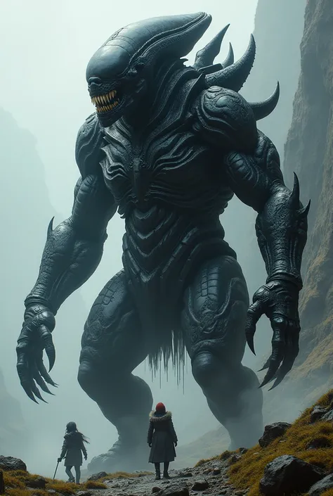 Fusion of xenomorph and bear, fantasy world, 3 meters tall and long,  color totally black, fantasy world, Xenomorph queen appearance ,  creepy appearance,corpo de xenomorfo 