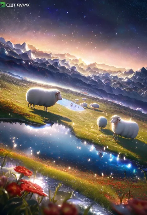 Night, meadows, few small red flowers, clear lakes, sheep, heaven, night sky, hot weather, HD detail, wet watermark, hyper-detail, cinematic, surrealism, soft light, deep field focus bokeh, distant view is giant snowy mountains, ray tracing, and surrealism...