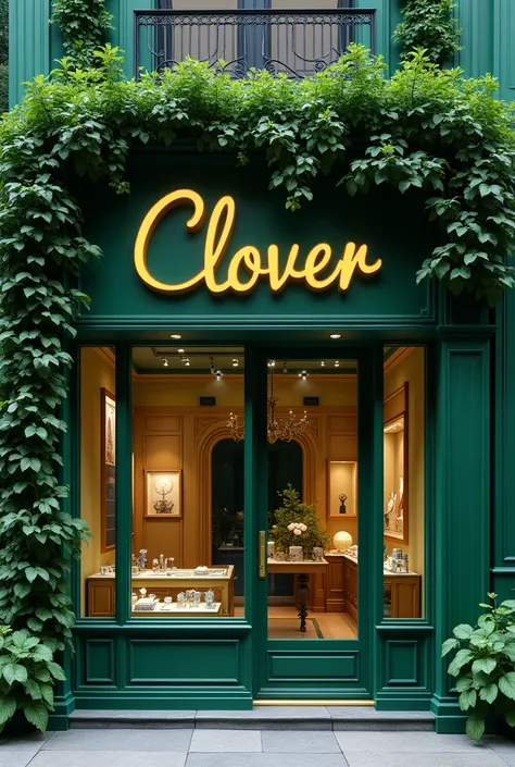  Generate the image of a jewelry store in the color green, with a beautiful façade written clover 