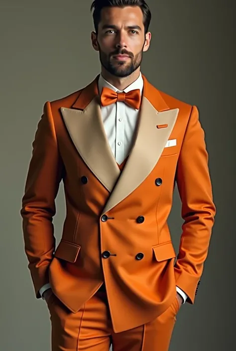 A man wearing a double breasted suit. The coat is half nude brown, half burnt orange. The pants are nude brown. White shirt and a burnt orange bow tie
