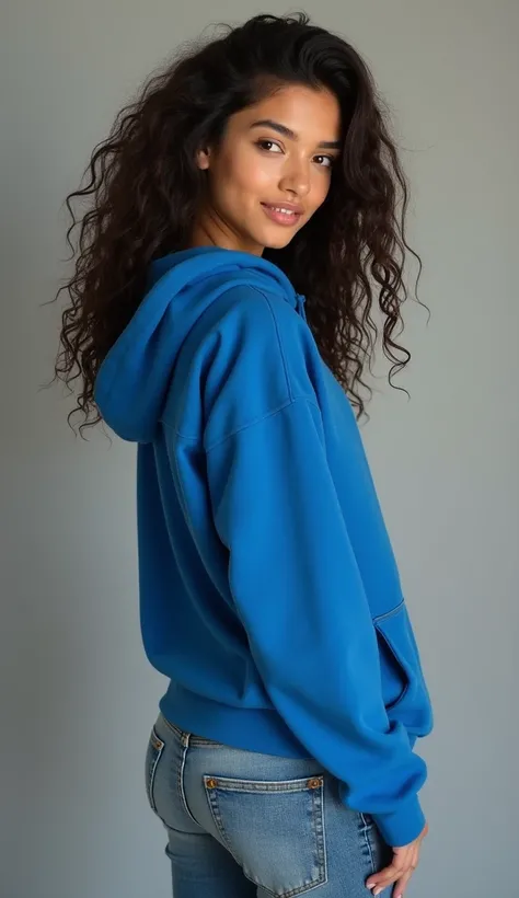 a beautiful Indonesian girl (20 years old, full body, long curly hair) wearing blue hoodie (very very very super realistic, look from back) with long super pencil-jeans style (with very super juicy big ass)