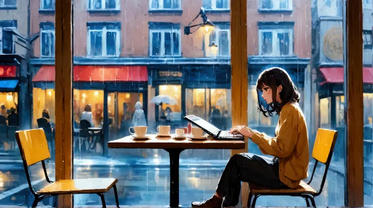 ‘1980’s city-pop style image. Interior of a modern café with a view of rain through a large window. On a table are coffee cups, an open book and a laptop; a dark-haired woman in her twenties is sitting in a chair reading. The use of warm colours like beige...