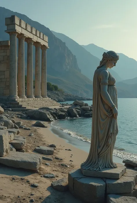   the crumbling port of Aulis ,  a shadow of her former greatness ,  is nestled between rolling hills and the gray and implacable expanse of the Aegean Sea .  The weathered marble columns of the ancient temple rise like skeletal fingers ,  cropped against ...