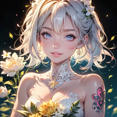 1girl, pretty face、Baby Face、bride、((( Dynamic Best Composition 、 top quality 、 Masterpiece、 super detailed 、 high definition、CG,HHD,32K))),NEW STYLE 、 Geometric Neon Color Backgrounds、 Milky White Hair Color 、White hair ornament、(( wedding dress、ミニ丈の斬新な w...