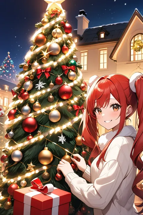 One girl with red hair and twin tails 、 1girl with ultraチビ red hair and twin tails are decorating the Christmas tree、Luxury Home Background 、 Christmas Decorations and Illuminations、Smile for both of you、 