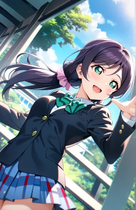 1girl, toujou nozomi, love live!, otonokizaka school uniform, green ribon, masterpiece, best quality, very aesthetic, absurdres, smile, looking at other, open mouth, dynamic angle, highres extremely detailed, beautiful scape, school gymnasium, dynamic pose...