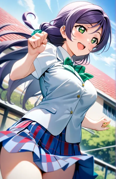 1girl, toujou nozomi, love live!, otonokizaka school uniform, green ribon, masterpiece, best quality, very aesthetic, absurdres, smile, looking at other, open mouth, dynamic angle, highres extremely detailed, beautiful scape, school gymnasium, dynamic pose...