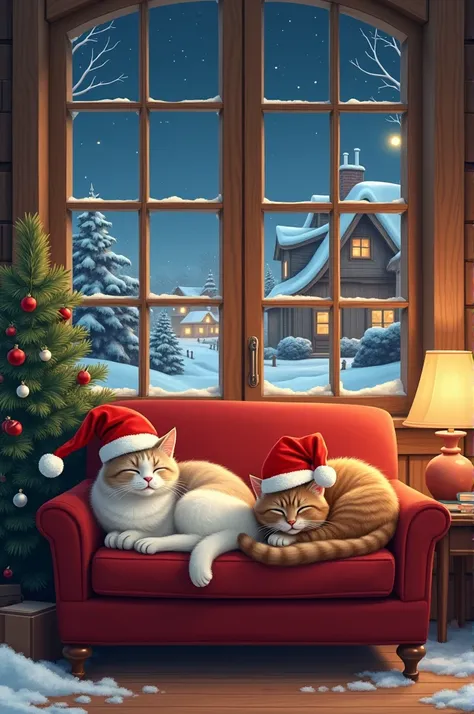 one. Furniture with a two cats cats lying on top the two cats with Santa Clauss hat on the furniture a book a lamp this piece of furniture is leaning against a wooden window with glass in the background a Christmas landscape in Europe at night 