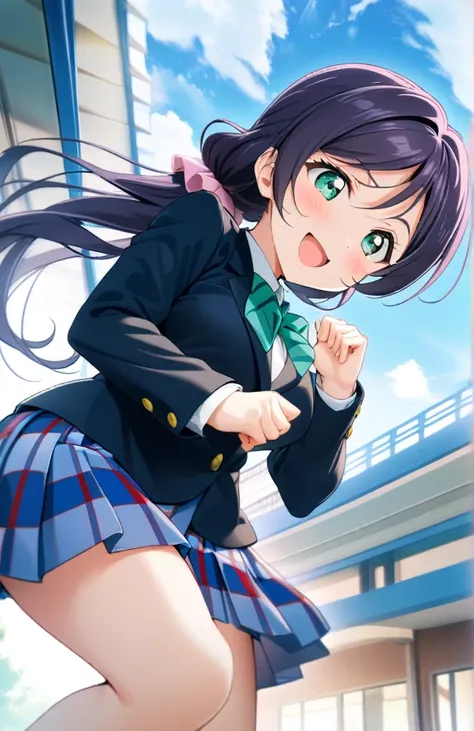 1girl, toujou nozomi, love live!, otonokizaka school uniform, green ribon, masterpiece, best quality, very aesthetic, absurdres, smile, looking at other, open mouth, dynamic angle, highres extremely detailed, beautiful scape, school gymnasium, dynamic pose...