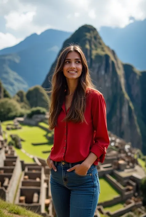  a woman 30 years old,  Straight hair . long, chestnut. slim. Blue jeans, red blouse, In Machu Pichu 