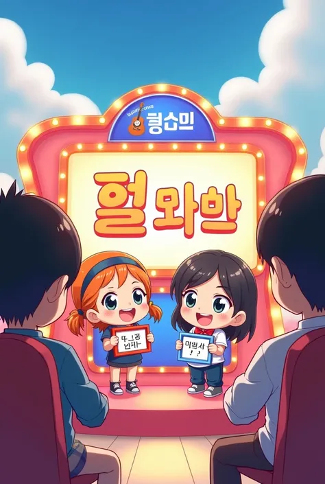 Two cute boys and girls split into two teams for a quiz show. On the stage, Ulsan Tong Guitar Friend is written, and underneath, it says its an amusement center like a joke