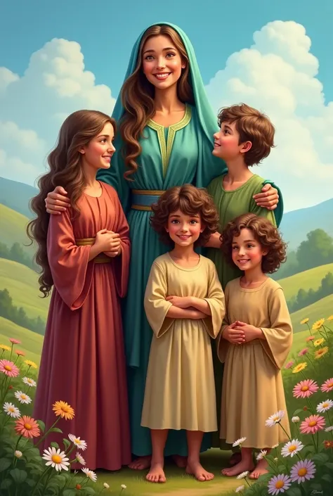 Ana biblical character with her 3 sons and 2 daughters in a happy setting 