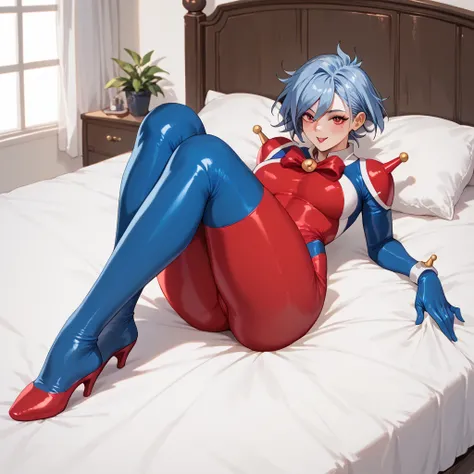      full body blue pirot suit full body red pirot suit　 bed　        invited position 　 sexy　 showing private parts 　 open thighs　 　　　M-shaped legs　                      
   ecstatic expression　
allenby Light　blue　hair

　