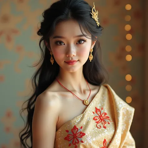 "A beautiful girl in a shimmering gold embroidered Thai dress with delicate Thai motifs alternating silver and red. The bottom is a long flowing fabric with a small floral pattern, bright colors adding sweetness, long black hair with a simple twist and a g...