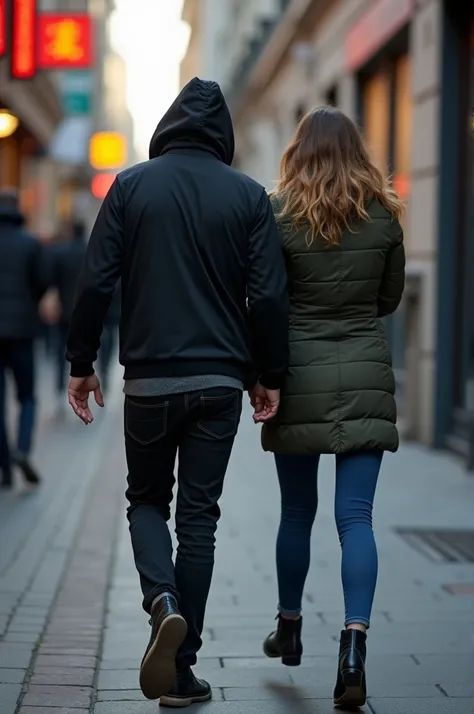 Woman is the victim of being dragged by a hooded criminal on the street
