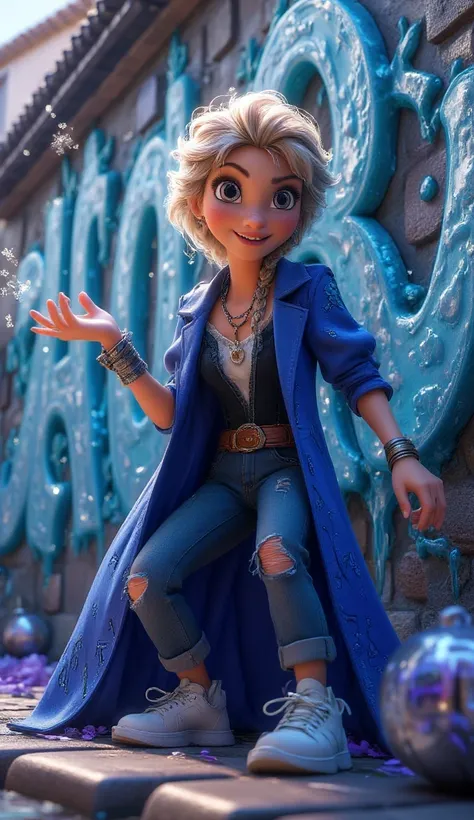  Elsa wears a long bright blue coat ,  decorated with patterns that resemble stylized snowflakes ,  combined with ripped jeans and bulky white sneakers .  Her blond hair is braided in a relaxed way ,  with blue-electric wicks that shine under the light .  ...