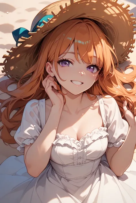 The background is a sandy beach　 orange hair　 long hair　 purple eyes　 Straw Hat 　 white dress　 face down 　 down blouse　smile　 wind blows　Touching head with hands