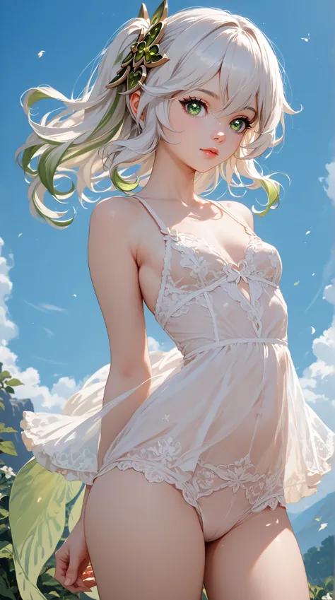 Nahida from genshin impact, white hair, green eyes, small breasts, slender legs, lingerie, standing in a relaxed contrapposto pose with her hands behind her back, she’s facing viewer straight, having a dramatic, neutral expression on her young face, her ta...