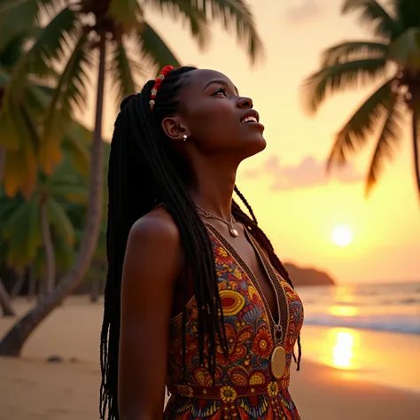 Beautiful dreadlocks dress in sexy traditional Ugandan dress, 16year old female model,。Palm trees on the beach at sunset 。The woman is comfortably singing a song to the sky。