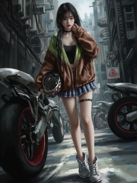 XUER guangying,1girl,solo,long hair,breasts,looking at viewer,bangs,skirt,shirt,black hair,long sleeves,holding,cleavage,standing,open clothes,shoes,choker,blue skirt,plaid,black shirt,thigh strap,black choker,plaid skirt,white footwear,helmet,ground vehic...