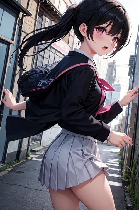 a young woman, back alley, bouncing effect:1.5, orgasm:1.5, japanese school uniform, black hair, a man hand, pink switch, masterpiece, 8k