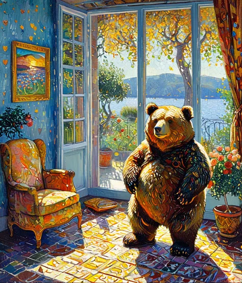 style of Paul Signac, (cute, chubby, male, bear), adorable, magical, fantasy, hires textures, highly detailed, intricate details, best quality, masterpiece, zPDXL3