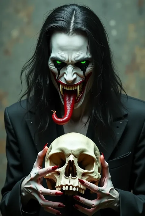 my masculin vampire character identifies as male and has almost seethrough pale white skin. He has thick long, flowing black hair. He has seductive green eyes crying black tears and a beautiful nose but his red lipped mouth is a demonic skull. His mouth is...