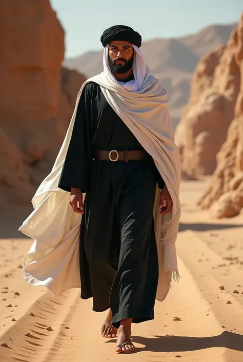 A handsome Quraysh Arab man wearing a black and white robe, a black turban and a white shawl walks in full body front view with a backdrop of desert rock hills in 567